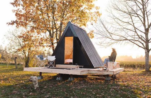 This compact A-frame cabin comes fully assembled