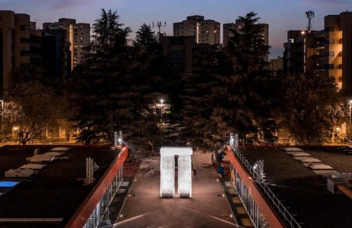A Stonehenge-style monument has arrived in Milan – and it’s made from plastic